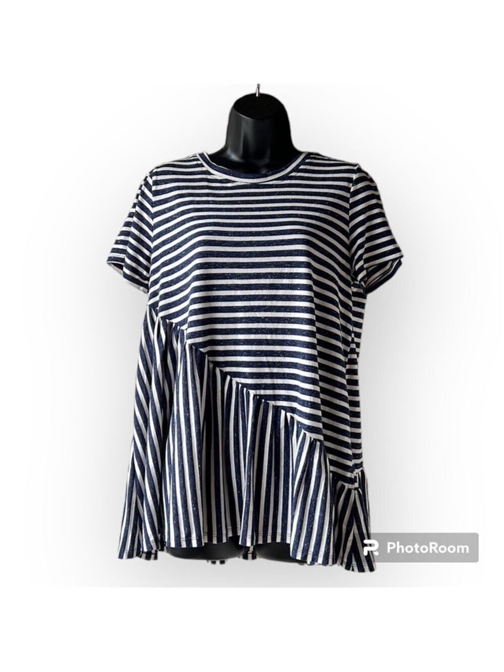 Hayden Los Angeles Navy and White Striped Ruffled Angular Peplum Oversized Small